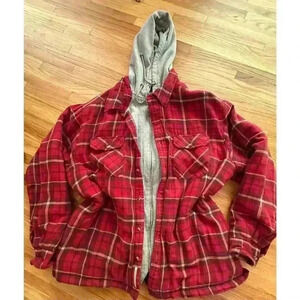 Vintage Insulated Red Flannel Jacket w Hood Fall adventure granola girl l SZ XL